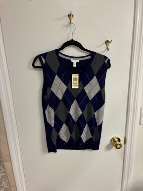 NWT Charter Club Blue/Gray Argyle Sleeveless Sweater Vest Sz M-Merino Wool Blend